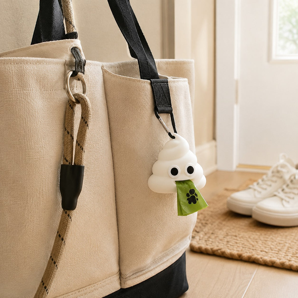 White poop-shaped dog waste bag holder clipped to a tote bag near an entryway