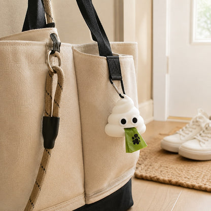 White poop-shaped dog waste bag holder clipped to a tote bag near an entryway