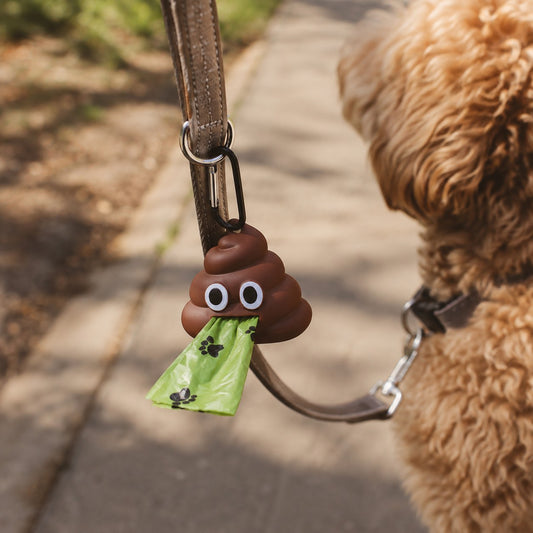 Brown poop-shaped dog waste bag dispenser clipped to a dog leash outdoors