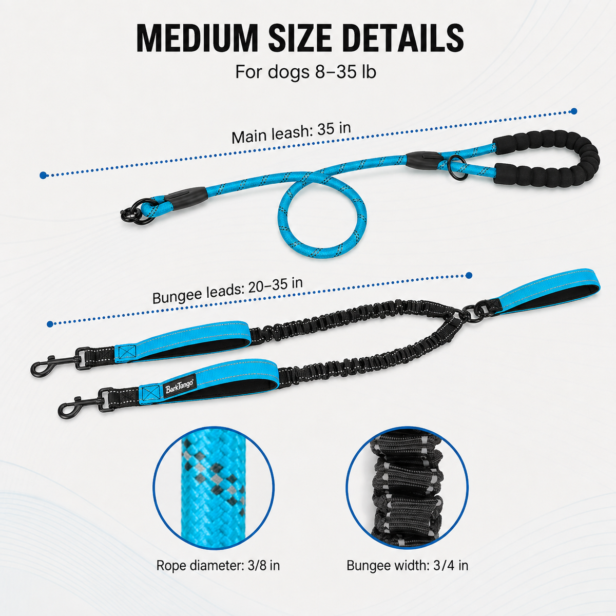 Medium-size guide for the BarkTango double dog leash, designed for dogs 8–35 lb each.