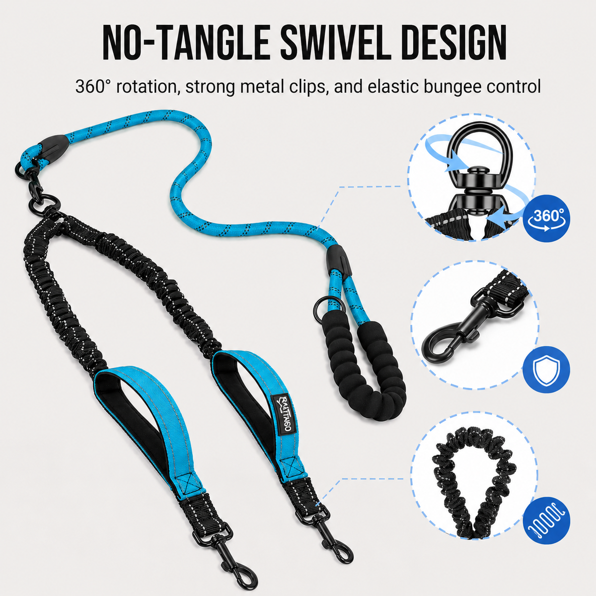 Metal 360-degree swivel and shock-absorbing bungee detail on the double dog leash.