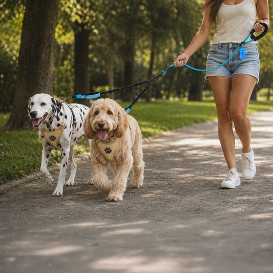 Padded traffic handles on a tangle-free double dog leash for close control.