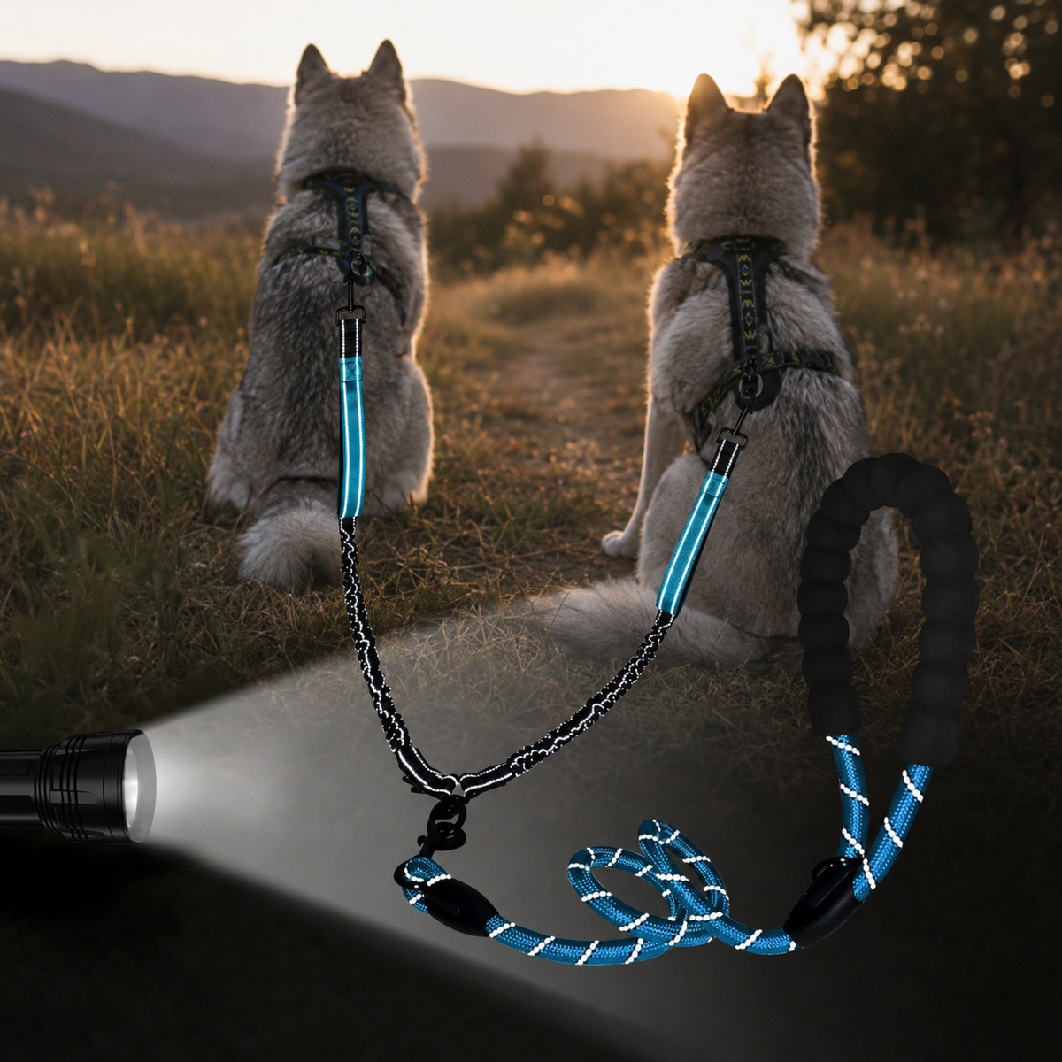 Reflective double dog leash with padded traffic handles for nighttime walks.