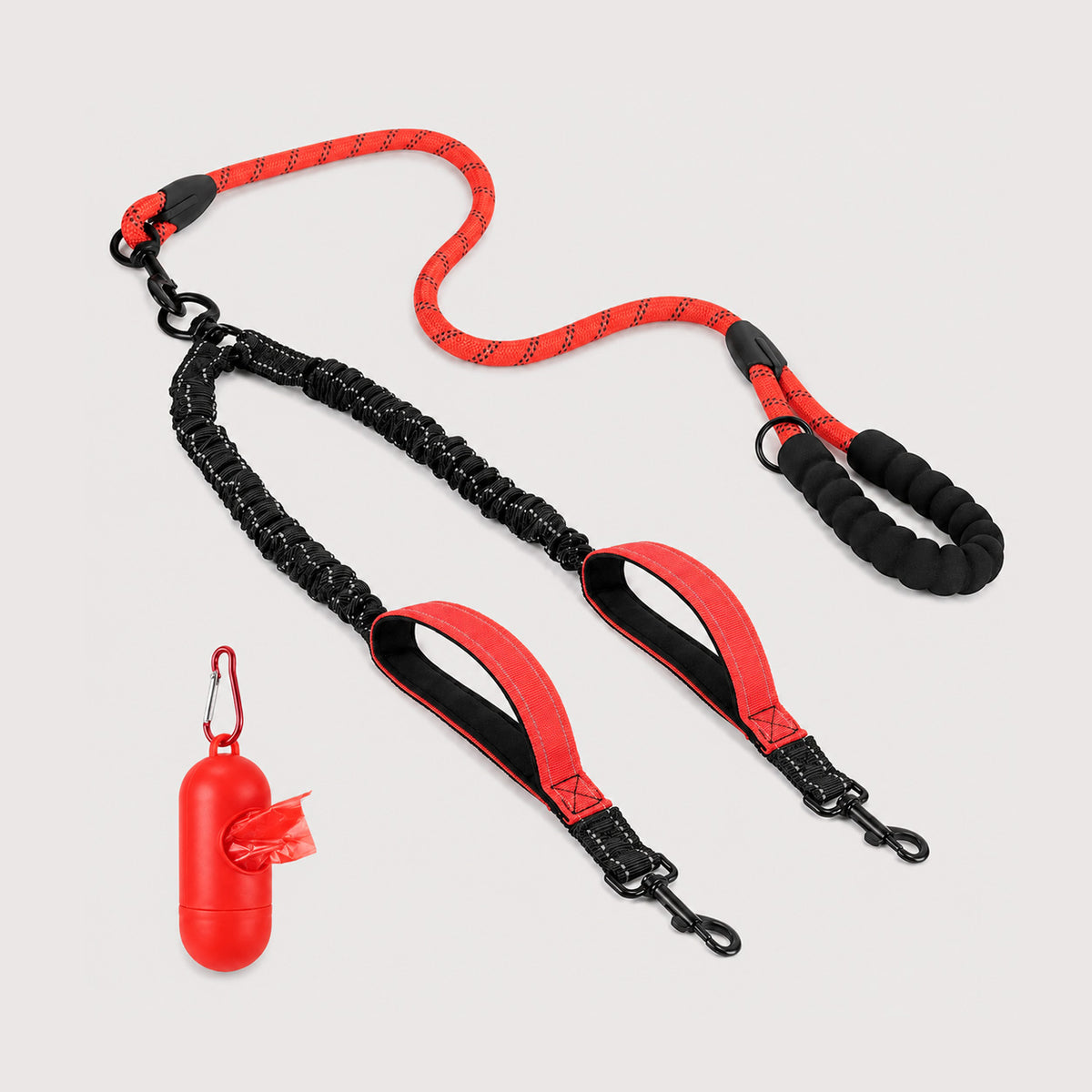 Reflective stitching and bungee section detail on the double dog leash.