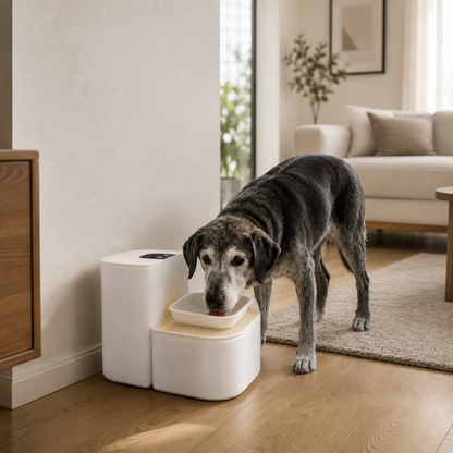 Smart dual-tank pet water station shown in a home lifestyle setting for everyday hydration