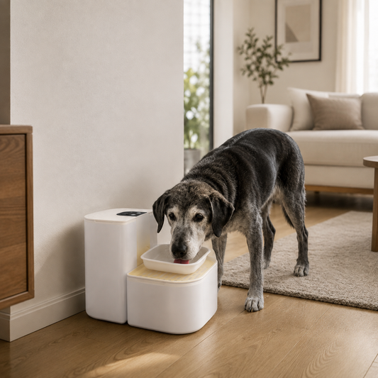 Smart dual-tank pet water station shown in a home lifestyle setting for everyday hydration