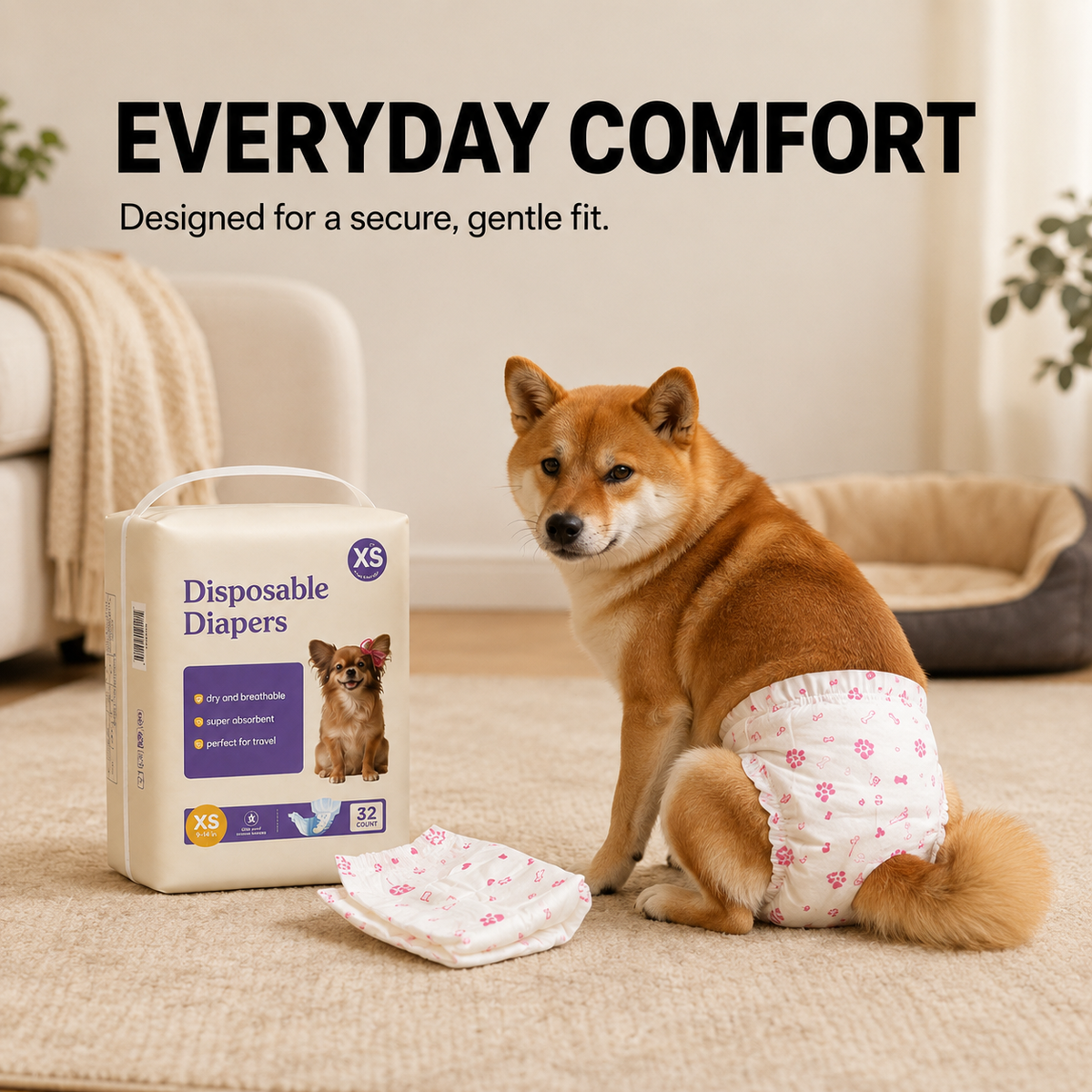 Comfort-Fit female dog diaper with adjustable waist tabs for a secure fit