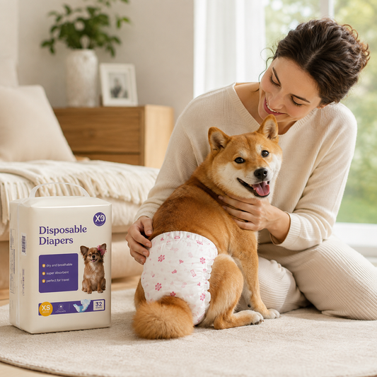 Female dog wearing Comfort-Fit disposable diaper with owner at home