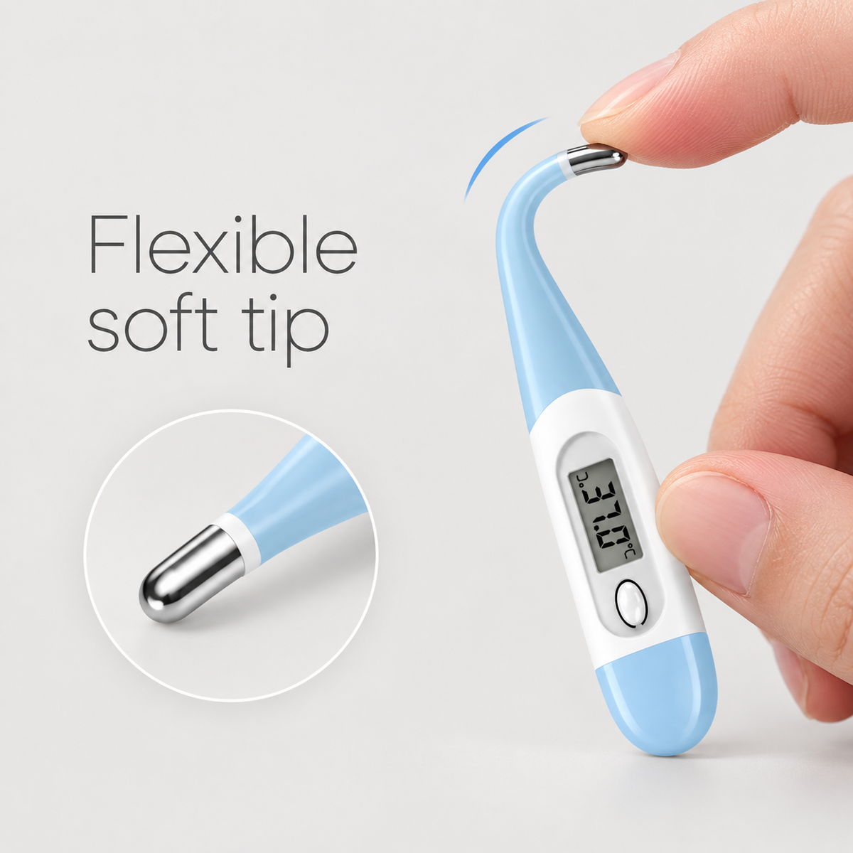 Flexible soft tip on a blue digital pet thermometer for dogs and cats