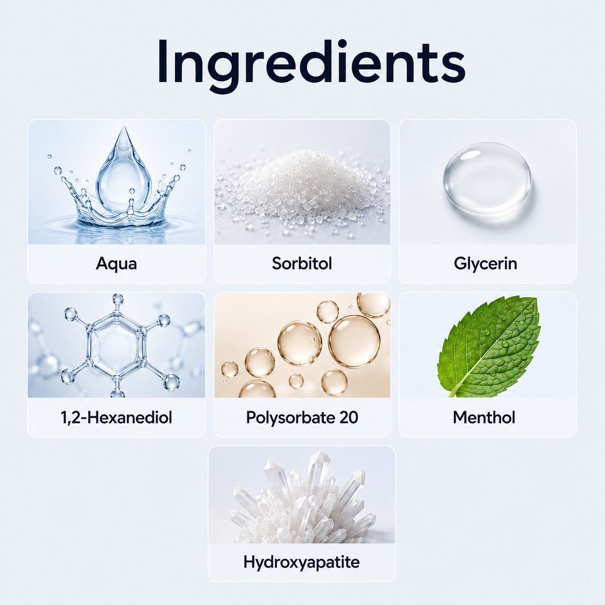 FreshSmile pet dental finger wipes ingredients including aqua, sorbitol, glycerin, menthol and hydroxyapatite