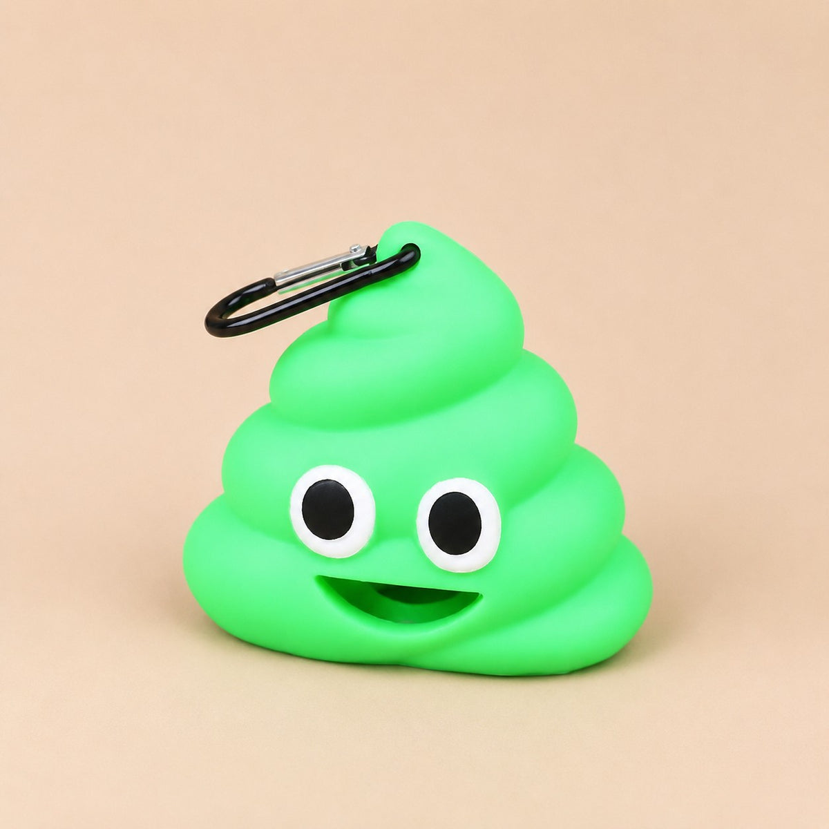 Green poop-shaped dog waste bag dispenser with black carabiner clip