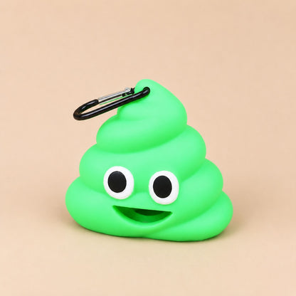 Green poop-shaped dog waste bag dispenser with black carabiner clip