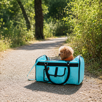 Small dog traveling in a soft-sided pet carrier