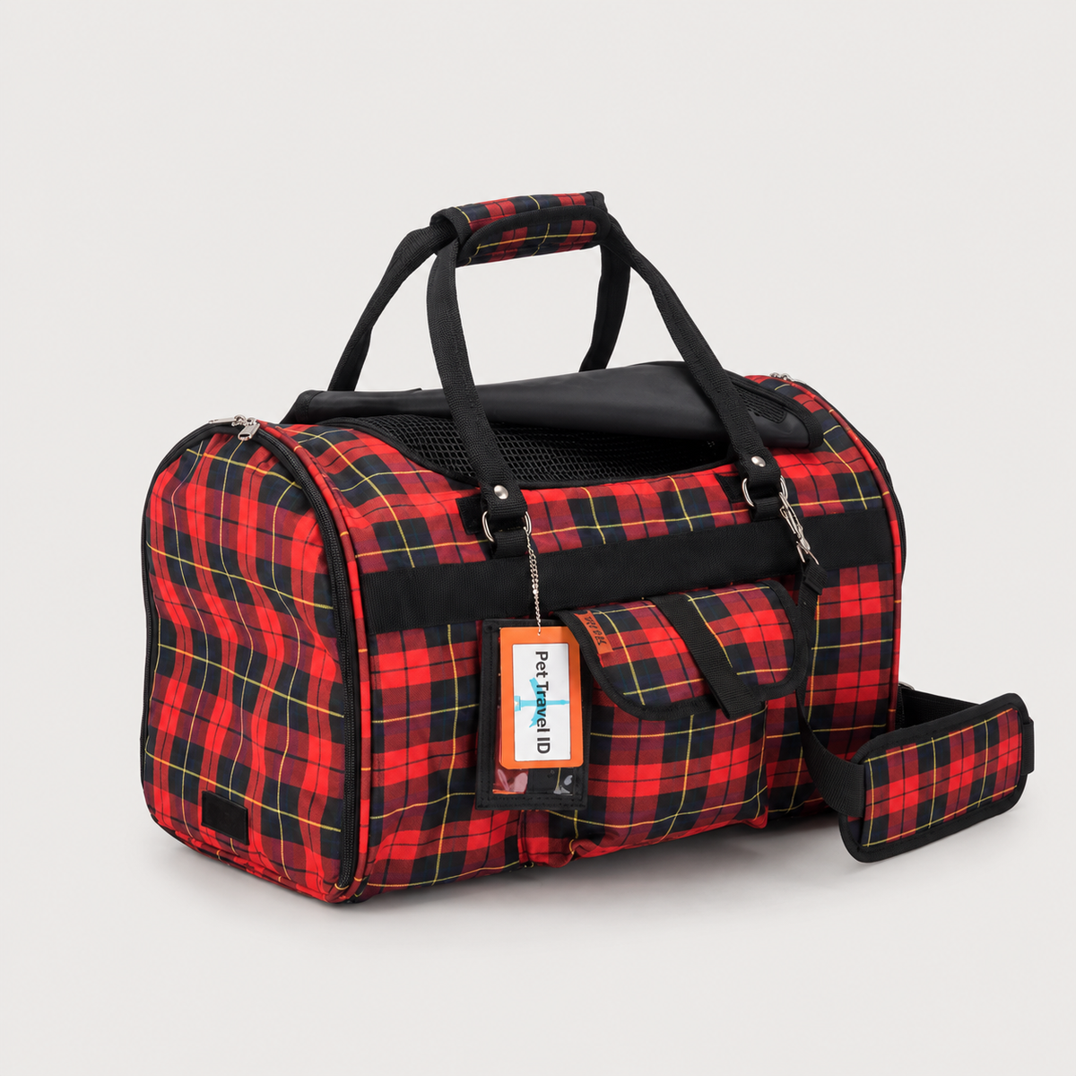 Red plaid Hideaway Comfort Duffel pet carrier detail view