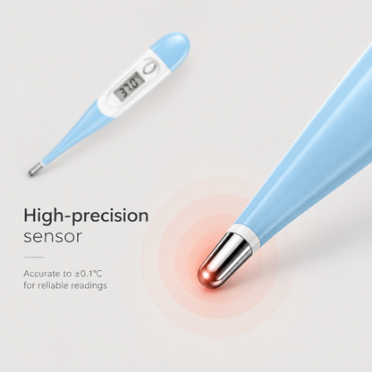 High-precision sensor tip on a blue digital pet thermometer for reliable temperature readings