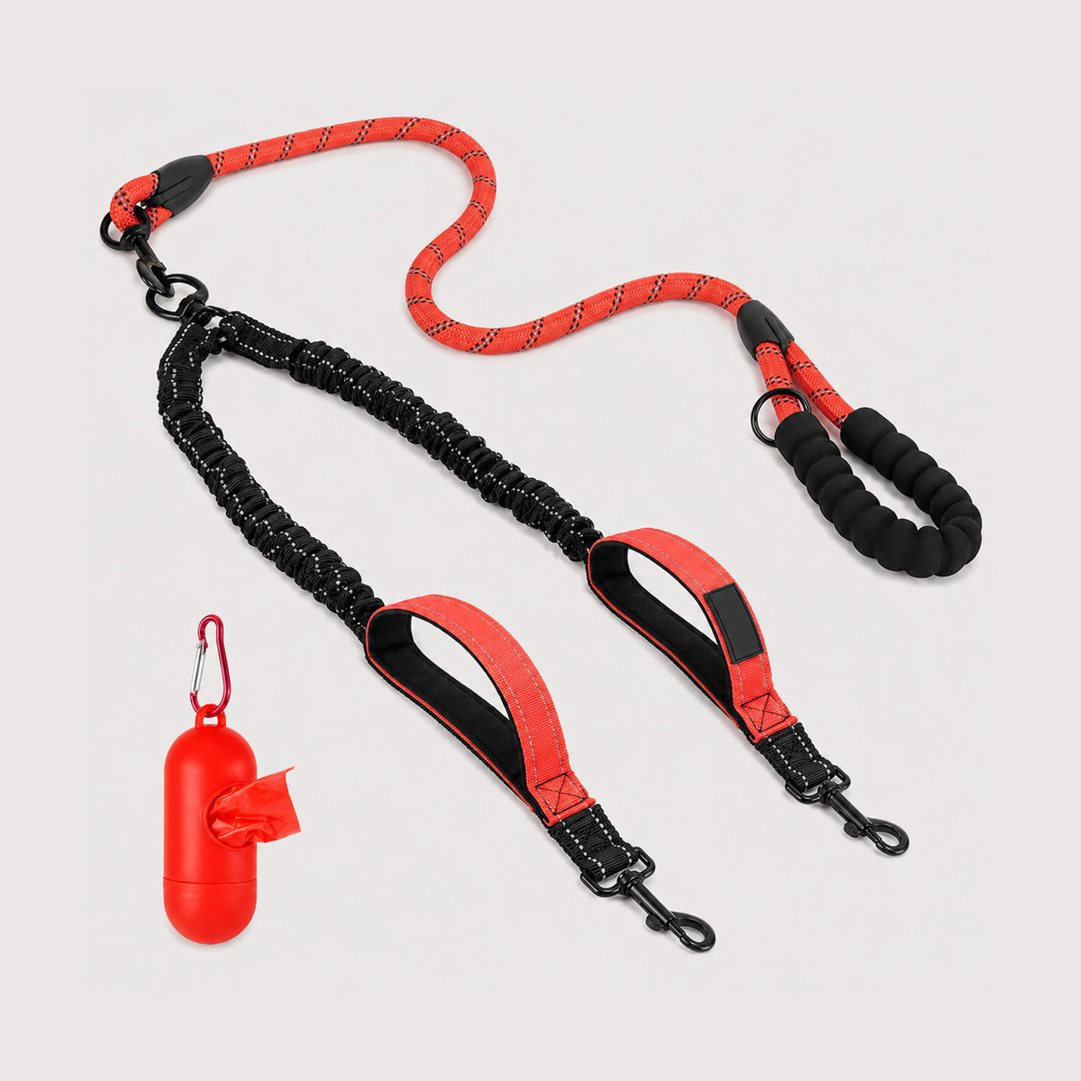 Two dogs walking with a no-tangle double dog leash and shock-absorbing bungee leads.