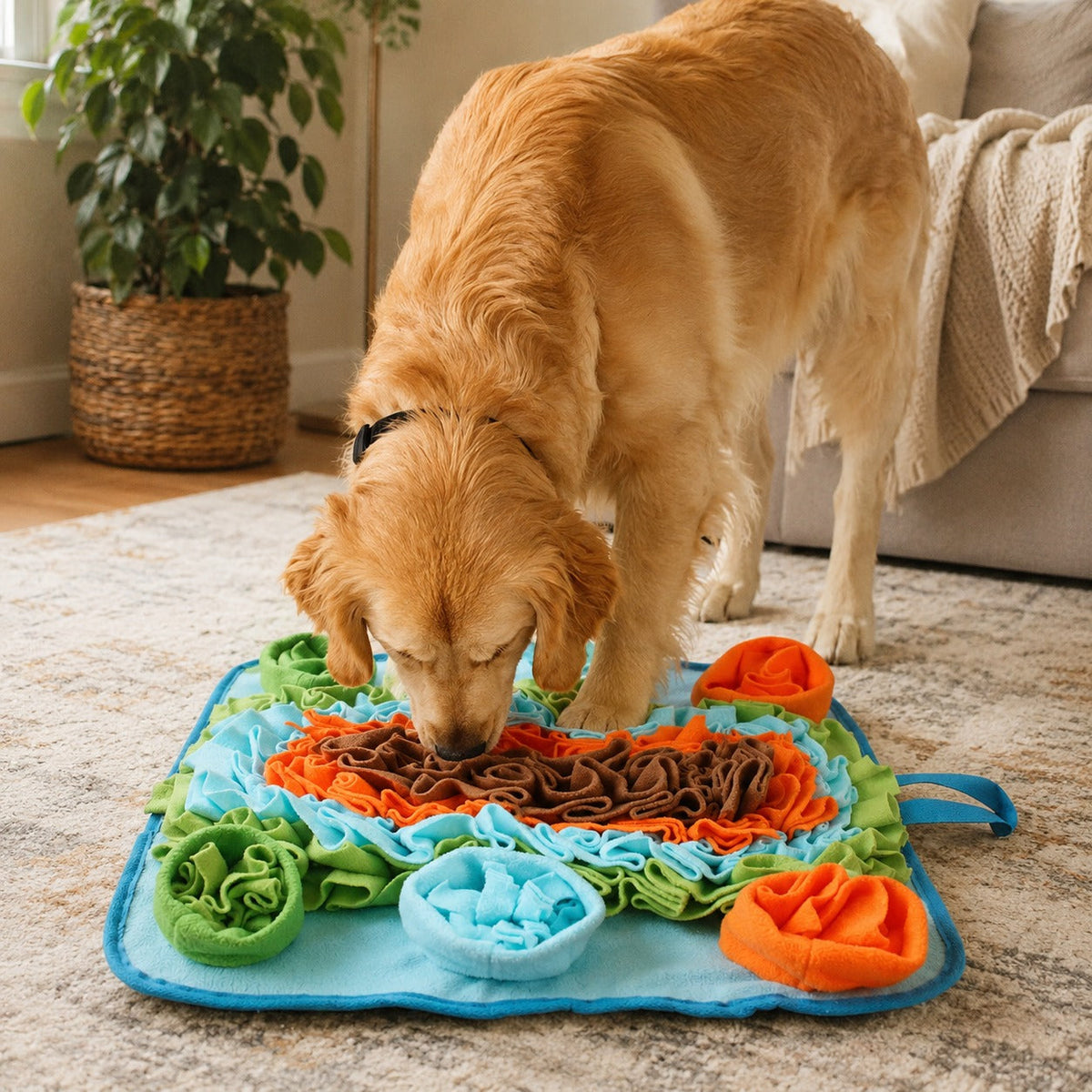 Golden retriever using a nosework snuffle mat for indoor enrichment
