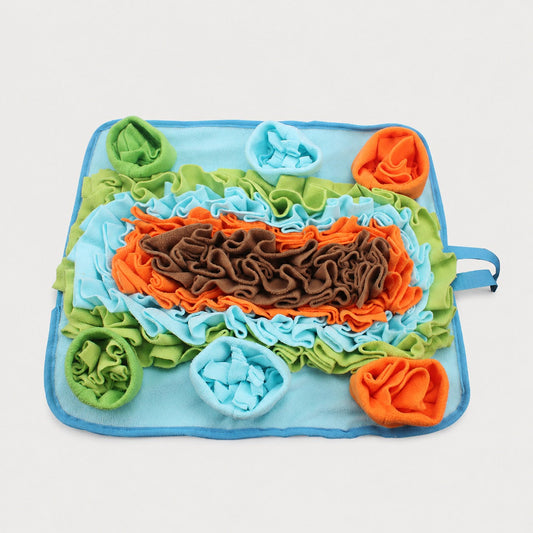 Nosework snuffle mat for dogs with colorful fleece treat pockets