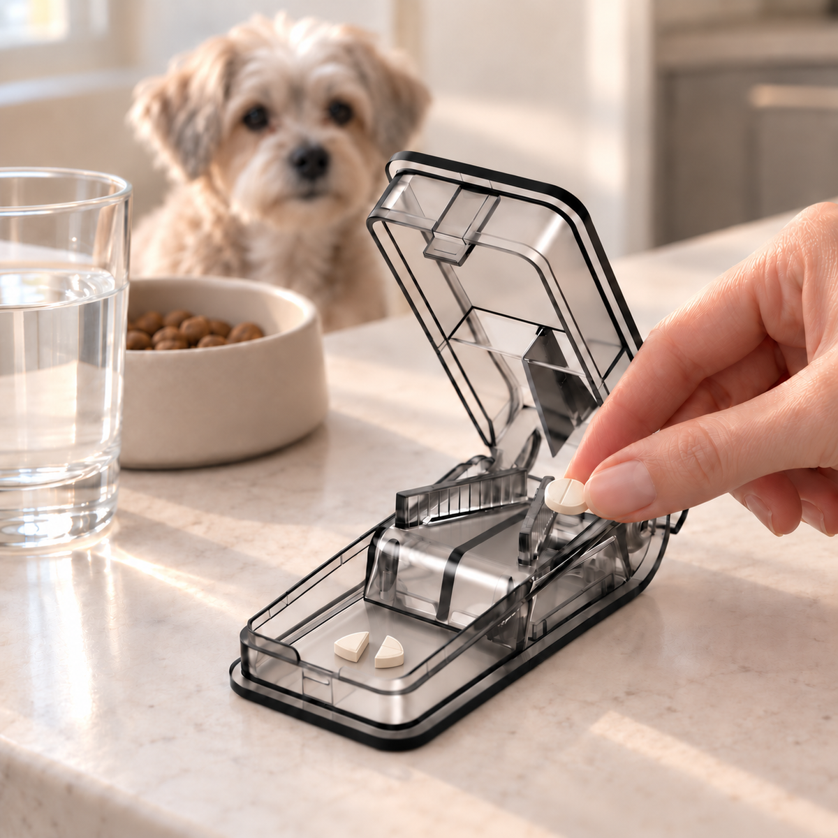 Black transparent pet pill cutter and tablet splitter shown closed