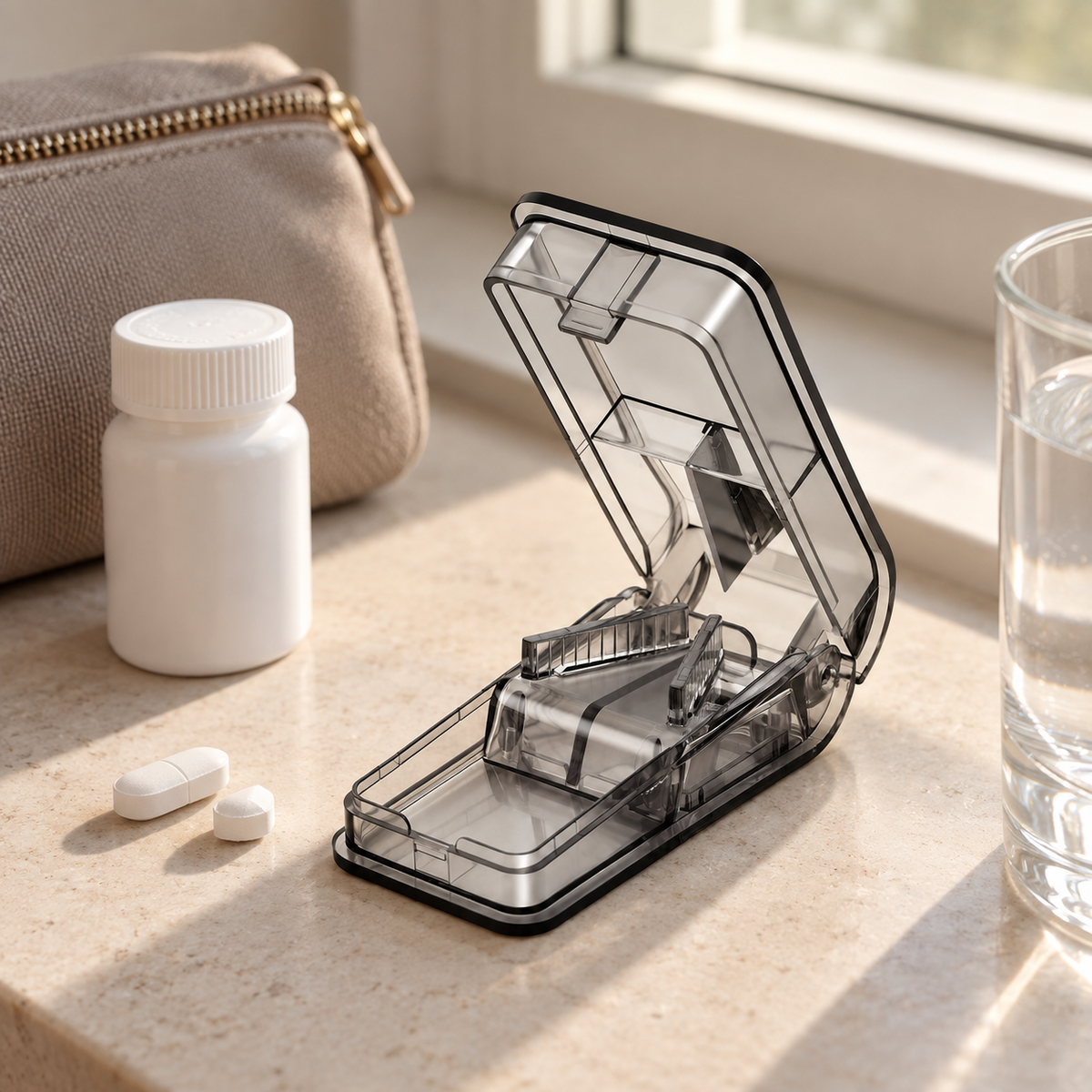 Pet pill cutter with tablets and water in a natural home setting