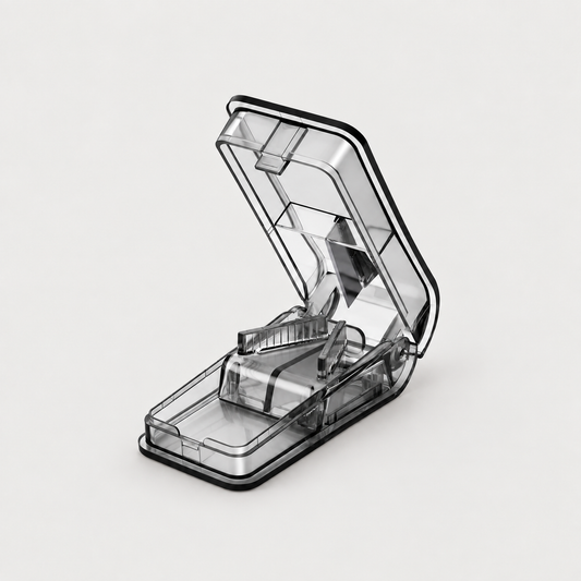 Black pet pill cutter and tablet splitter open on a neutral background