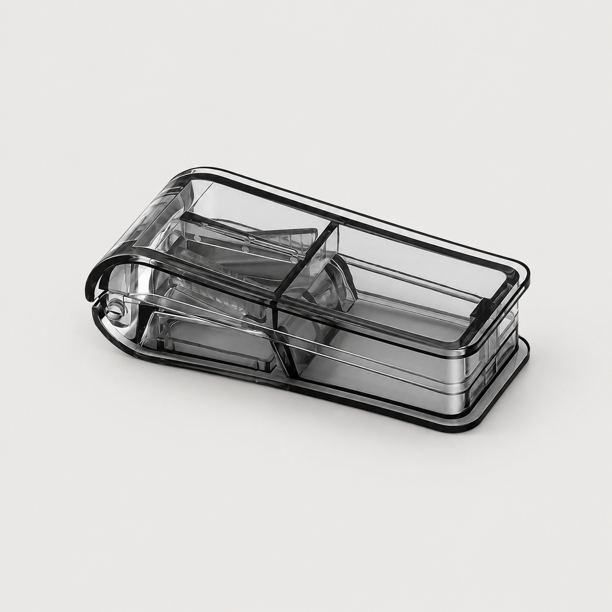 Clear transparent pet pill cutter and tablet splitter shown closed