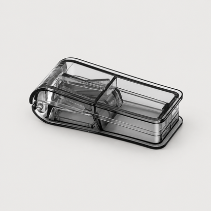 Clear transparent pet pill cutter and tablet splitter shown closed