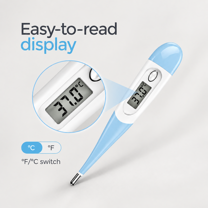 Blue digital pet thermometer with easy-to-read LCD and Fahrenheit Celsius switch