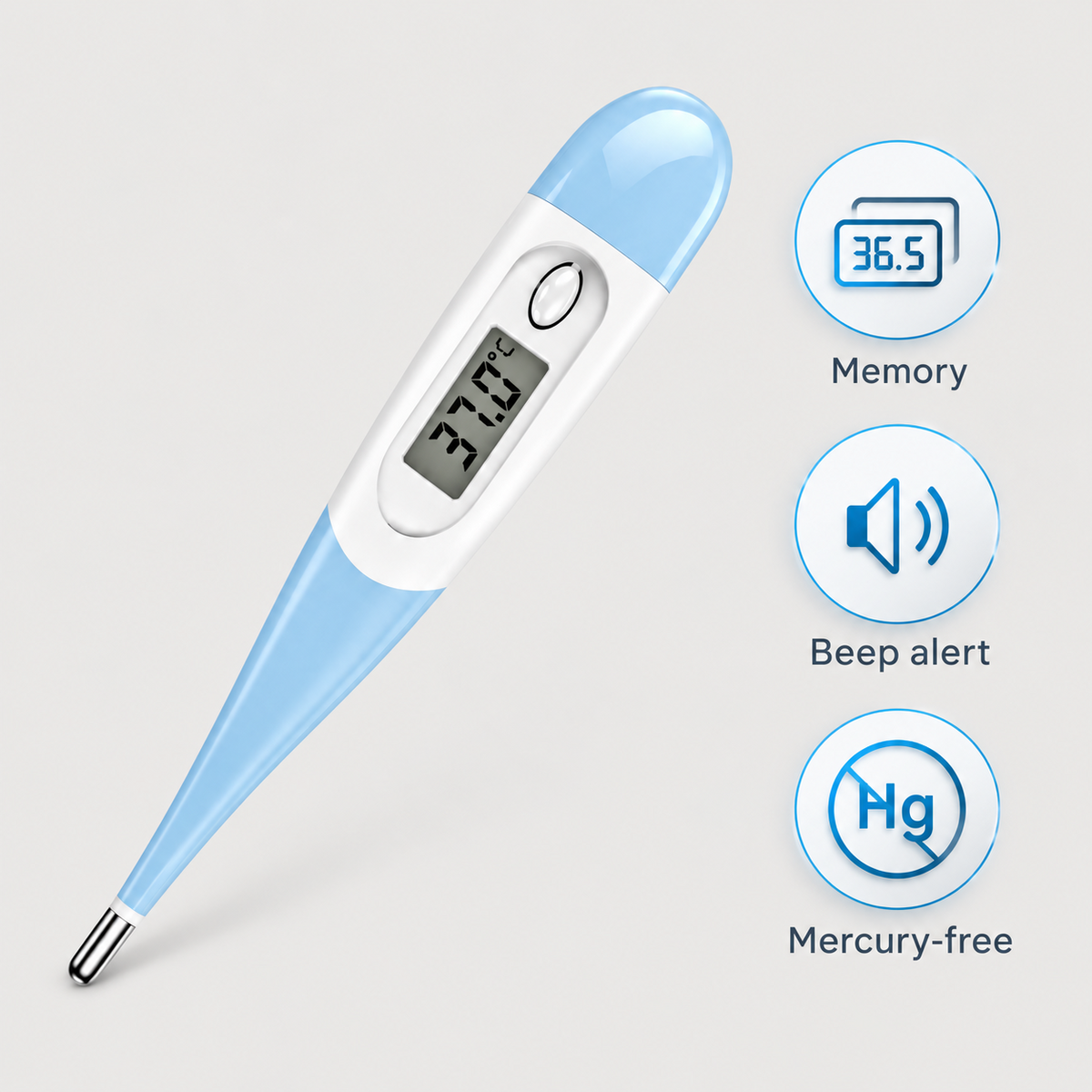 Blue digital pet thermometer with memory, beep alert, and mercury-free design