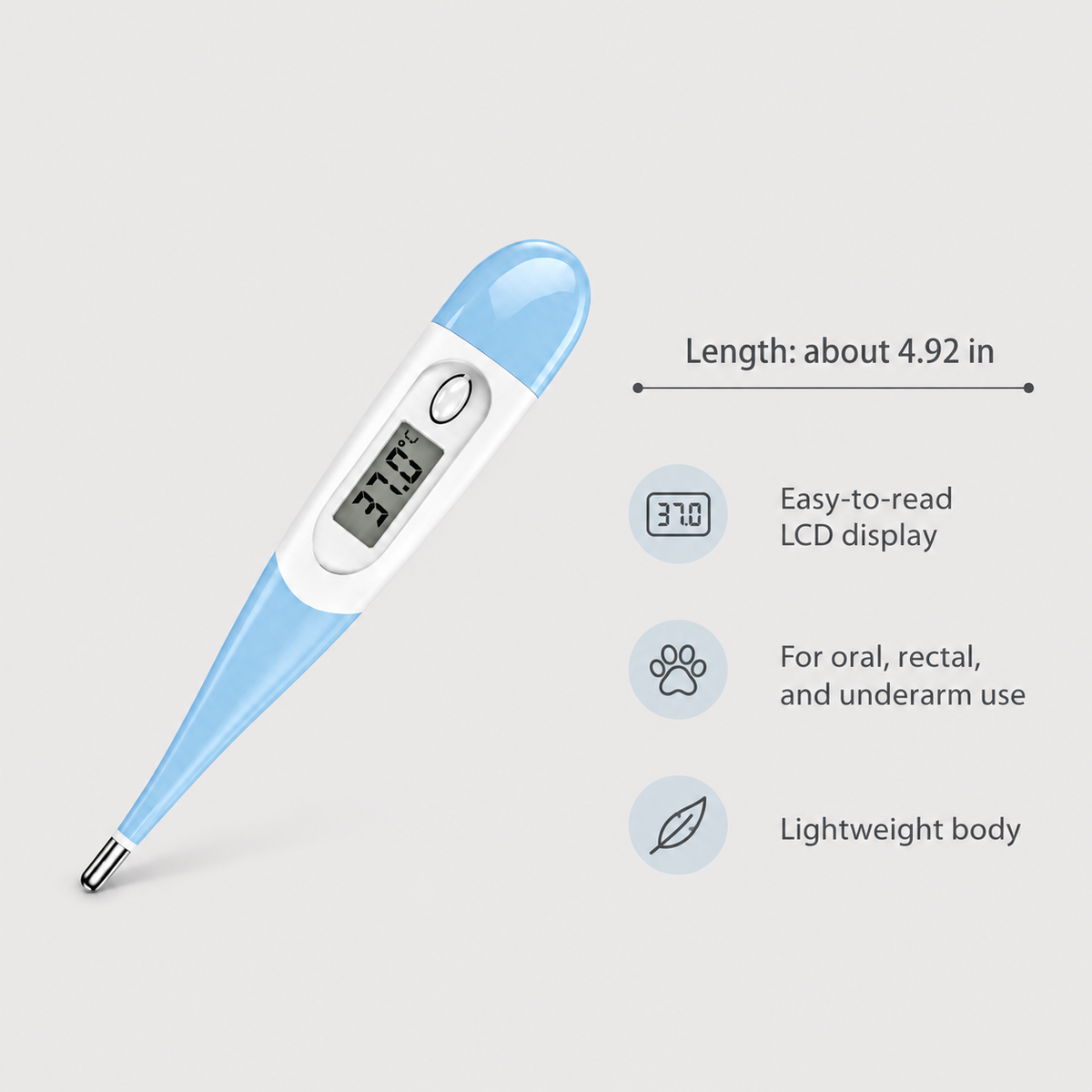 Blue digital pet thermometer showing 4.92 inch length, LCD display, and lightweight design