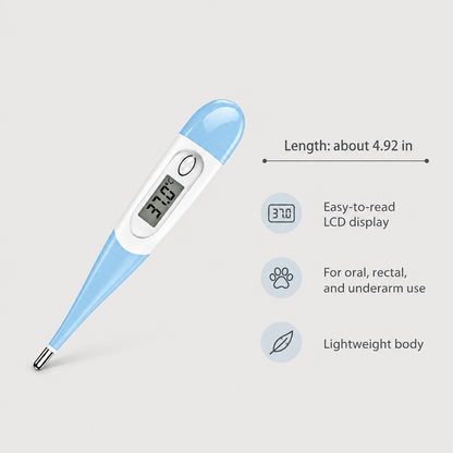 Blue digital pet thermometer showing 4.92 inch length, LCD display, and lightweight design