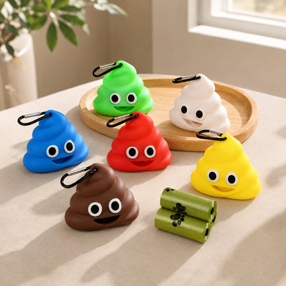 Six colorful poop-shaped dog waste bag dispensers in a natural home setting