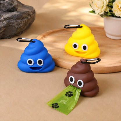 Poop-shaped dog waste bag dispenser with waste bag pulled through opening