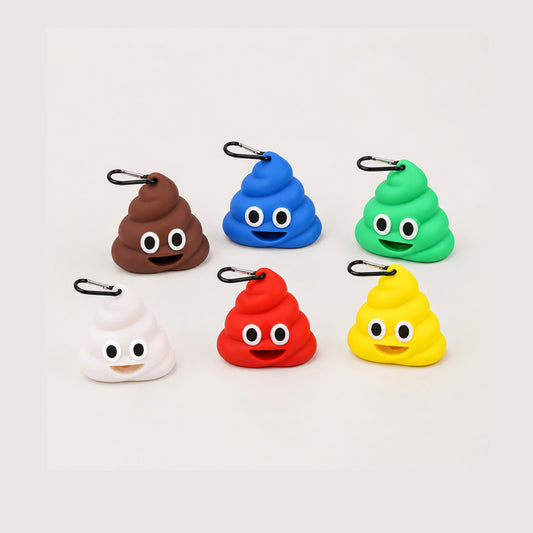 Poop-shaped dog waste bag dispensers in six colors with carabiner clips