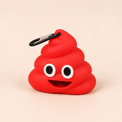 Red poop-shaped dog waste bag dispenser with black carabiner clip
