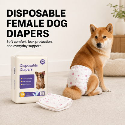 Senior female dog wearing disposable dog diaper for everyday indoor comfort