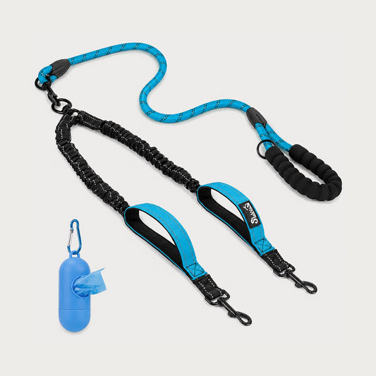 Blue tangle-free double dog leash with 360-degree swivel and shock-absorbing bungee leads.