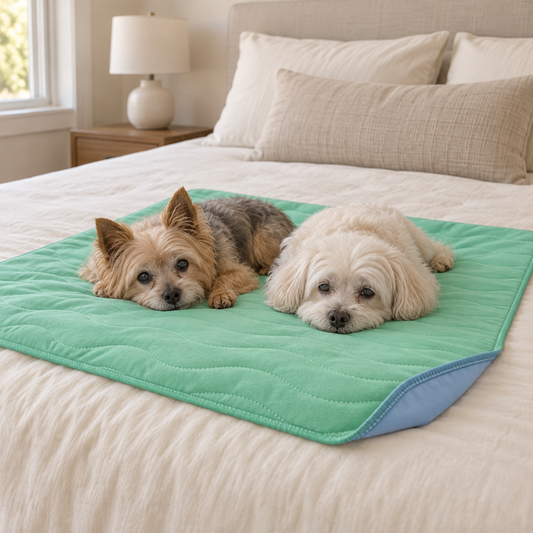 Senior dogs resting on a washable reusable incontinence pee pad for bed protection