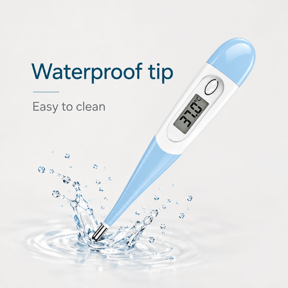 Blue digital pet thermometer with waterproof tip for easier cleaning