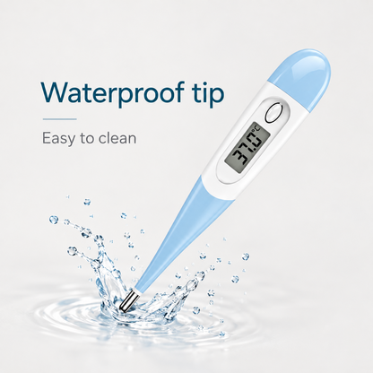 Blue digital pet thermometer with waterproof tip for easier cleaning