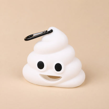 White poop-shaped dog waste bag dispenser with black carabiner clip