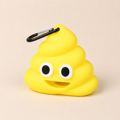 Yellow poop-shaped dog waste bag dispenser with black carabiner clip