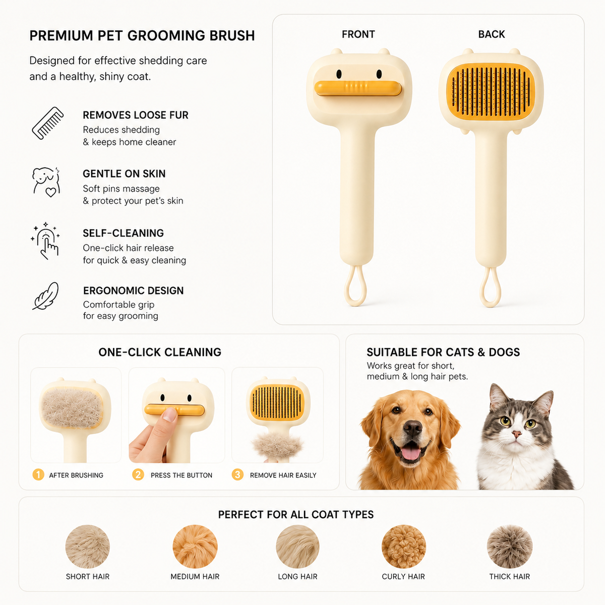 BearCare pet brush self-cleaning button feature