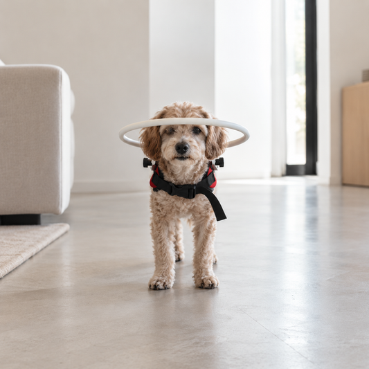 Front view of a blind dog wearing an anti-collision halo harness