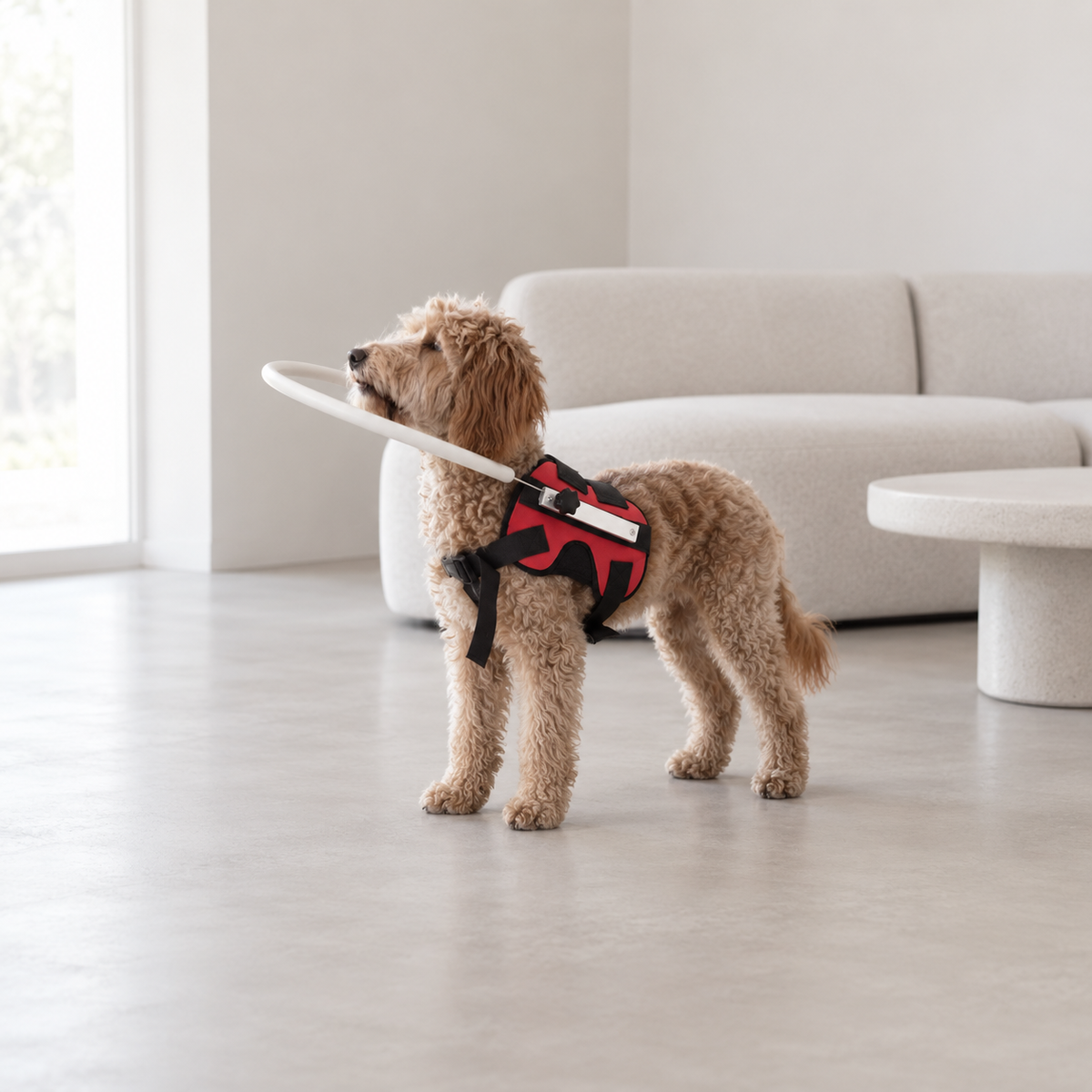 Blind dog wearing an anti-collision halo harness in a modern home