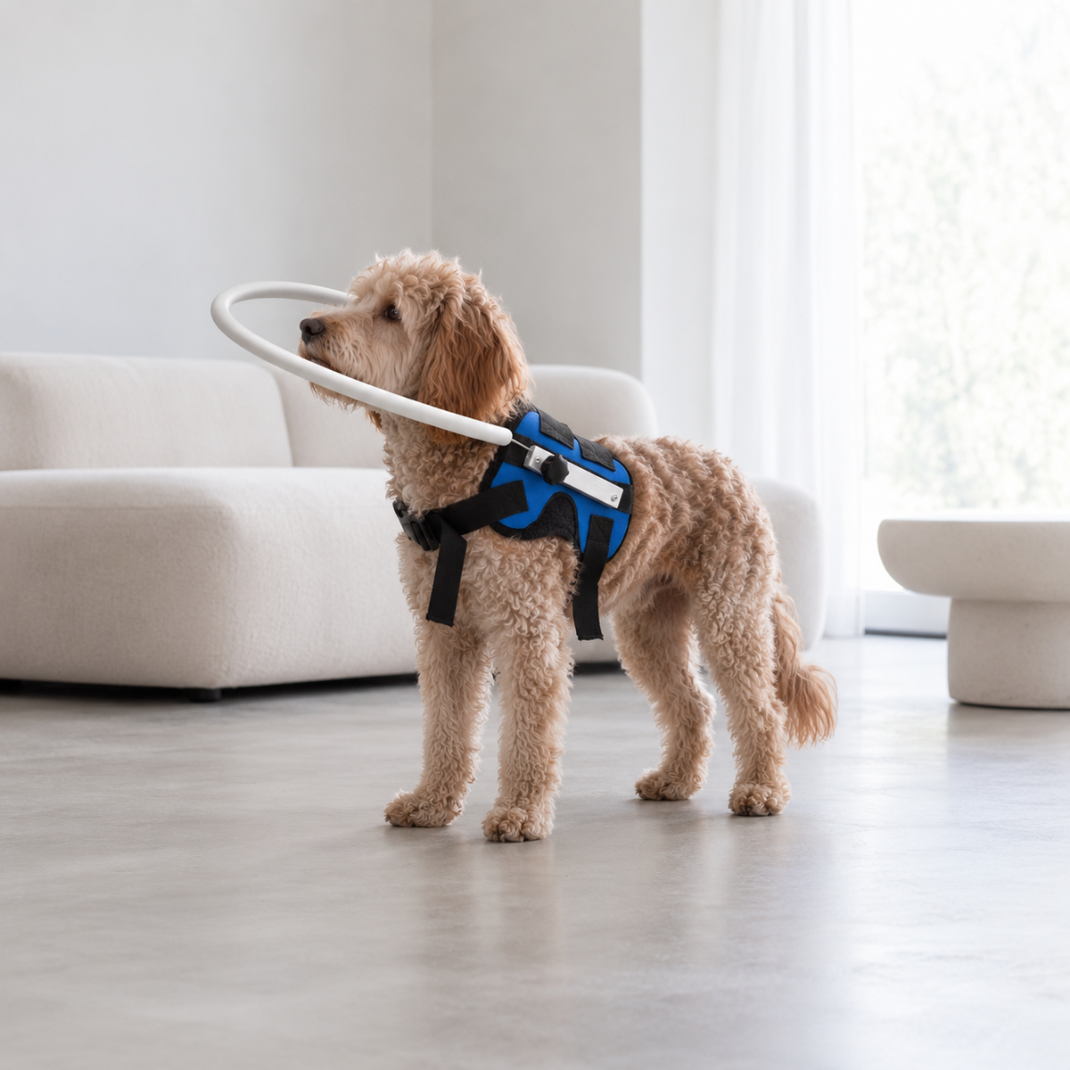 Blind dog wearing blue anti-collision halo harness for indoor mobility support