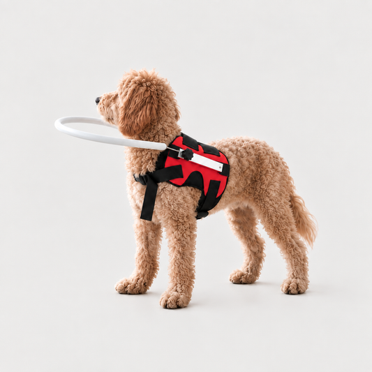 Blind dog wearing red anti-collision halo harness for safer indoor mobility