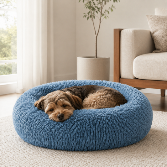 Blue CloudNest plush round dog bed for small and medium dogs