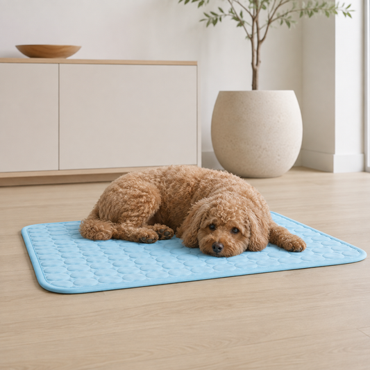 Dog using BreezeCool summer cooling mat for warm-weather comfort