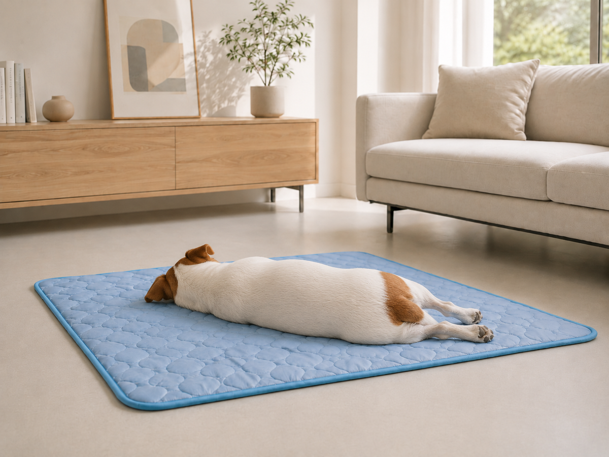 Pet relaxing on BreezeCool summer cooling mat